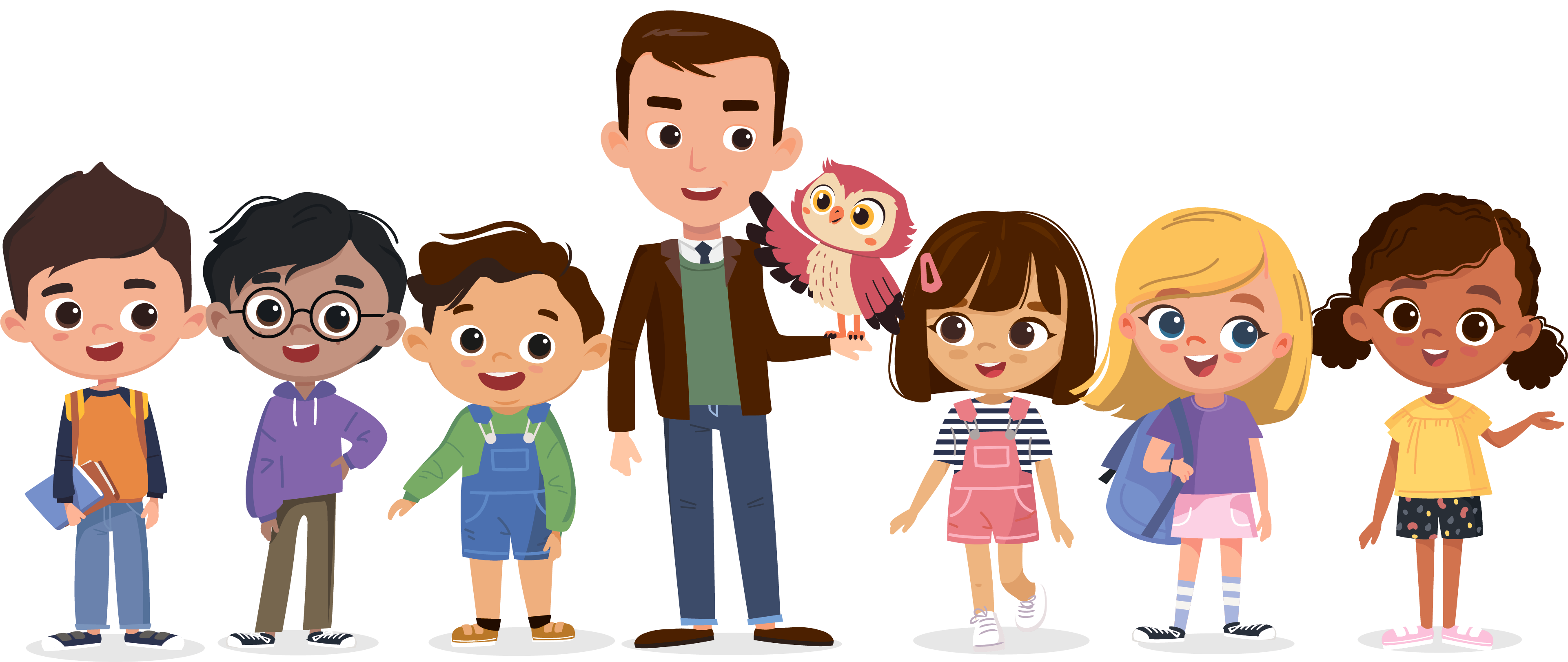 The Little Wordsmiths characters: Sky the Owl, Prof. William, and the buddies